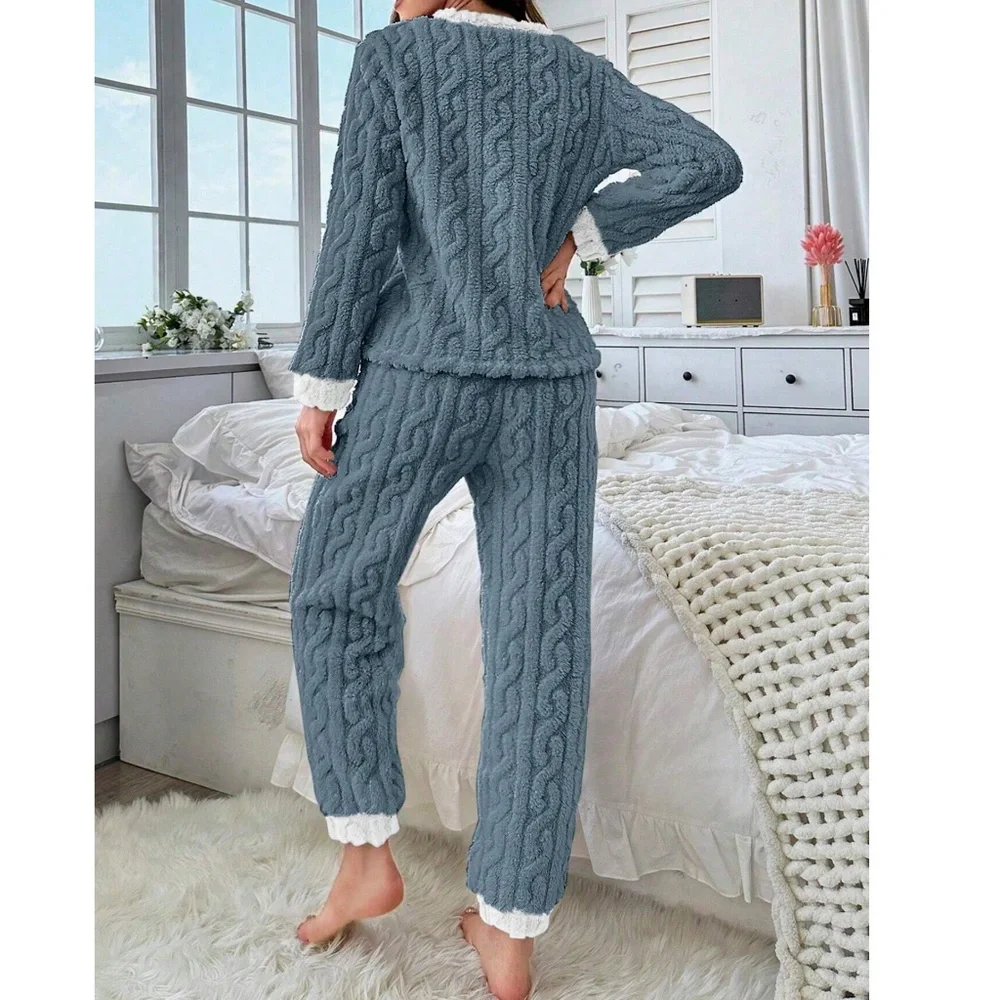 Cozy Teddy Textured Color Block Pajamas Lounge Set - Picture 2 of 8